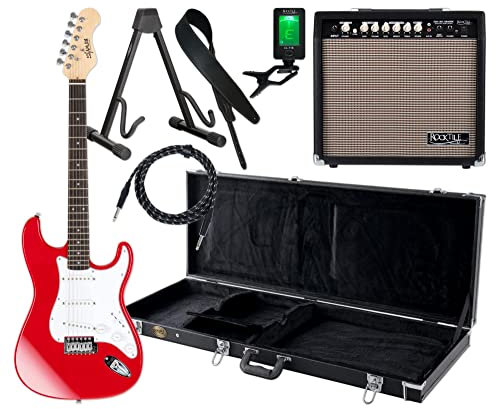 Shaman Element Series STX-100R Komplett Set - E-Gitarre - Modeling-Verstärker - Koffer - Ledergurt - Ständer - Kabel - Rot