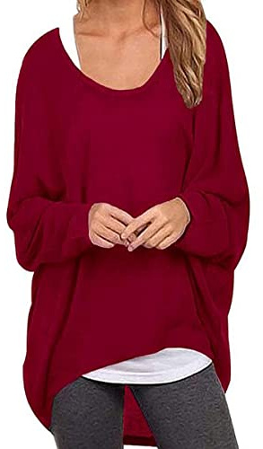 ZOIOOER Femme Pull Casual Lâche Automne l'hiver Jumper Irrégulier Manches Chauve-Souris Longues Pull-Over Oversized Shirt Vin Rouge 3XL