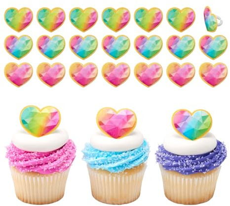 DECOPAC Rainbow Prism Heart Cupcake Rings, Cake Toppers, Multicolored Food Safe Decorations For Parties– 24 Pack
