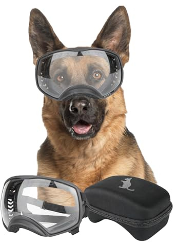 NAMSAN Clear Dog Goggles for Large Dogs, Wide Eyecup & Soft Frame, Anti-UV Sunglasses for Dogs Medium to Large Breed, Driving Dog Eye Protection, Windproof Dustproof, Adjustable, Black Frame