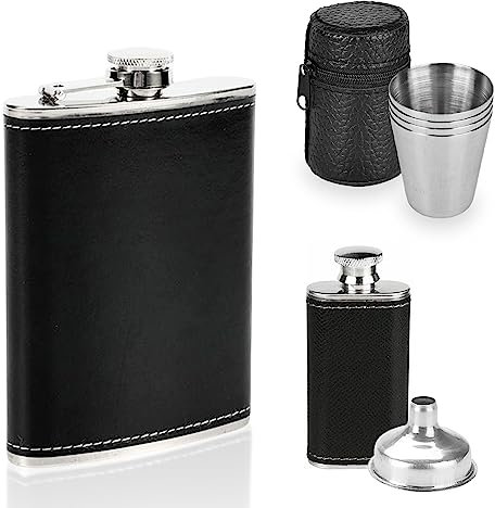 Fiaschetta in Acciaio Inox, 2 Pezzi Fiaschetta Con 4 30ml Tazze E Imbuti, Fiaschetta Acciaio Inox per Liquori, Fiaschetta in Pelle Nera, Flacone Portatile per Whisky, Escursione, Camping, Barbecue