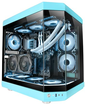 Mars Gaming MC-3T, Custom ATX-Gaming-Gehäuse, Triple Window Durchgehend Gehärtetes Glas, Volle Flüssigkeitskühlung, Dual Side Kamera, 3X Vertikale PCI Slots, USB-C und USB 3.0, Blau