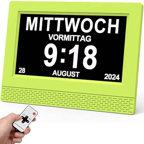 SINOIDEAS Digitaler Wecker, Digitaler Kalender, Demenzuhr für Senioren mit Benutzerdefinierten Erinnerungen (grün, 7 Zoll)