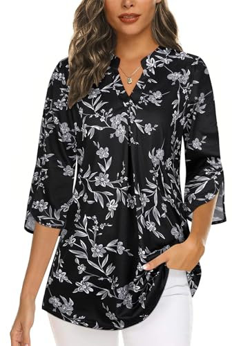 Flikity Ladies Tops 3/4 Sleeve Tops for Women UK Ladies Blouses V Neck Interview Formal Office Work Dress Shirts Swing Tunic Tops Professional Business Attire Clothes Black Floral Large