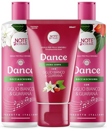 Set Cura Corpo 3-Pack Note di Schiuma: 2 Docciaschiuma Idratanti 400ml + Crema Corpo Nutriente 200ml - con Oli Essenziali, Estratti Naturali - Ideale per Pelli Sensibili - Made in Italy (Dance)