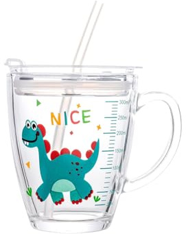 Dvagoent 350ml Bicchiere con Cannuccia Tazza Colazione, Tazza da Latte, con Coperchio, Cannuccia, Pennello per Cannuccia (Dinosauro)