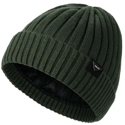 Wmcaps Gorro de invierno para hombre con forro polar grueso, unisex, gorro clásico con puños, gorro de lana elástico y suave, regalo cálido para hombres y mujeres, Verde Militar, Talla única