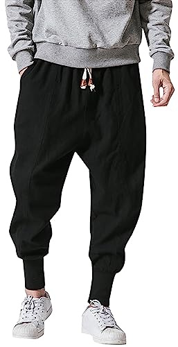 NaLatia Pantalon De Jogging Cargo Harem Streetwear Homme Sarouel Style Japonais En Lin DéContracté Baggy, MéLange Coton Lin Large Plage ÉTé LéGer Confortable