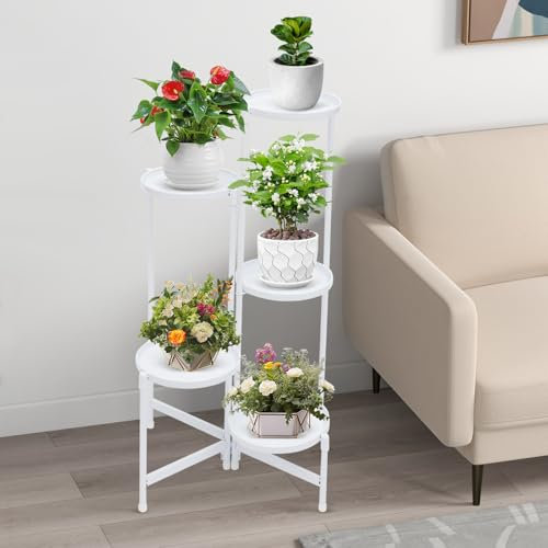 TAPMING Support pour plantes à 5 étages en métal - Étagère d'angle - Étagère à fleurs - Étagère à plantes pour coin chambre, salon, balcon, terrasse, cour (blanc)
