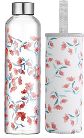 Autsel 1 liter Glasflasche Trinkflasche Glas Sport Borosilikat Glass Bottle Wasser Flasche mit Neopren-Hülle mit Auslaufsichere Abdeckung