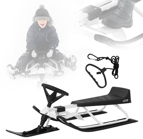 ECD Germany Lenkschlitten in Weiß, Kinderschlitten Rodel ab 5 Jahre, Skibob für Kinder/Erwachsene bis 90 kg, Schlitten mit Lenkrad, Fußbremse, Zugseil, Sitz mit Rückenlehne, Stahlrahmen, 119x38x50 cm