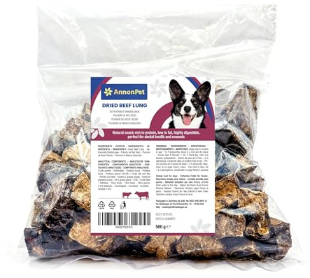 AnnonPet® Pulmón seco para perros 500 g – Snack 100% natural, rico en proteínas, sin aditivos, ideal para dietas BARF, bocadillos y aperitivos saludables de carne seca de res