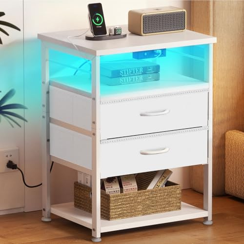 Coleshome Table de Chevet Blanche, Table de Nuit avec 2 Prises USB, 1 Prise de Courant et Lumière LED, avec 2 Tiroirs en Tissu et 2 Espaces de Rangement, Adaptée aux Petites Chambres, 40 x 30 x 70 cm