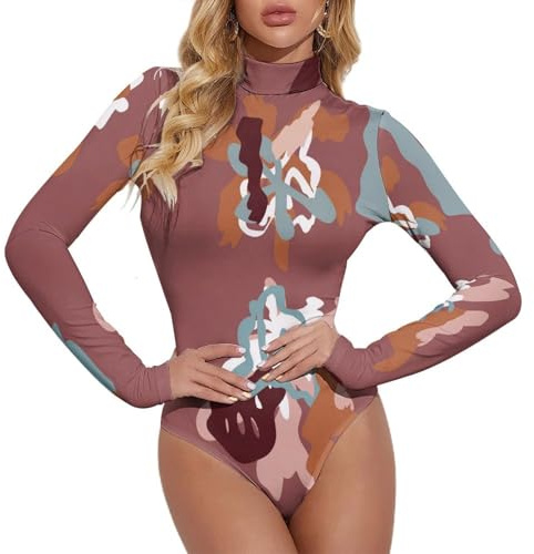 SUIUOI Spetsbody för kvinnor – elegant långärmad leotard, storslagen bodysuit, hög hals, tajt overall, topp, avslappnad blusbody med leopardtryck, 21, XXL