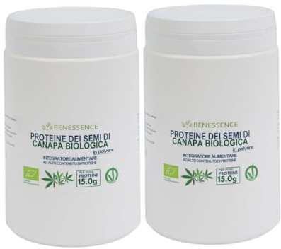 Benessence - Proteine di Semi di Canapa in Polvere Biologica - 2 x 500g – Ricchi di Proteine e Fibre – Per benessere osseo e muscolare