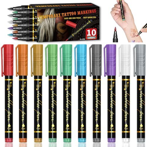 AMSNINK 10 Stück Tattoo Stifte Für Kinder Erwachsene, Wasserfest Glitzer Tattoostifte, Tatoo Stifte Hautfreundlich, Temporäre Tattoo Stifte Kinder, Für Geburtstage Party Ostern Halloween Weihnachten