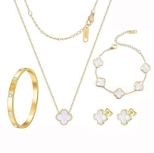 18K Vergoldet Vierblättriges Kleeblatt Armband, 18K Vergoldet Vierblättriges Kleeblatt Anhänger Halskette, Gold Armband Cubic Zirkonia Armreif, 4 PCS Schmuck Set für Geschenke Geburtstags