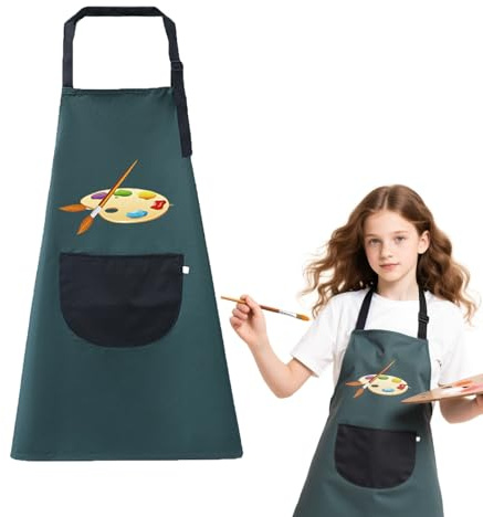 LILIKAI Tablier de peinture pour enfant - Avec poches - Vert foncé - 11 à 15 ans - Réglable - Imperméable - Pour la peinture, la cuisine et la pâtisserie, Planche à dessin, Universelle Größe