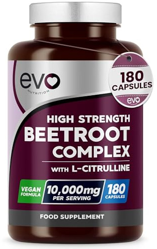 Beetroot Complex & L-Citrulline 10,000mg | 180 Capsules | High Strength | Nitric Oxide Booster to Support Circulation for Energy & Daily Wellness | Vegan, Non-GMO, UK Made, 3 Months | EVO NUTRITION