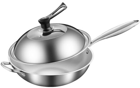 rockible Sartén Wok de Acero Inoxidable para saltear, fácil de Usar, práctica, Multifuncional, con Tapa, 32cm