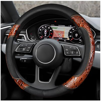 NYTKL Leather Car Steering Wheel Cover, 15 Crocodile Pattern Anti Slip Car Wheel Wrap with Rose Grain, Four Seasons Universal Auto Steering Wheel Protector for Cars Trucks SUVs (Brown & Black)