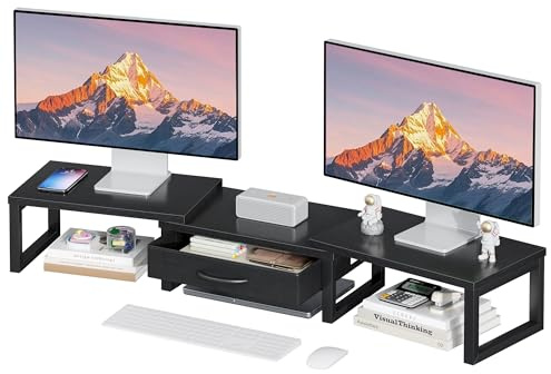 HEWORLIF Dual Monitor Stand Riser, Desk Organizers and Accessories with Drawer, Computer Monitor Stands for Desk, Adjustable Desktop Shelf for PC Laptop Printer TV, Black