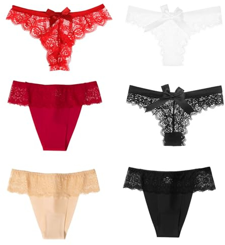 Hocklliy 6 Pack Womens Thongs Multipack, Lace Bow Sexy Thongs for Women,Comfortable Soft Low Waist G String,See Through Seamless Sexy Knickers Multicolor