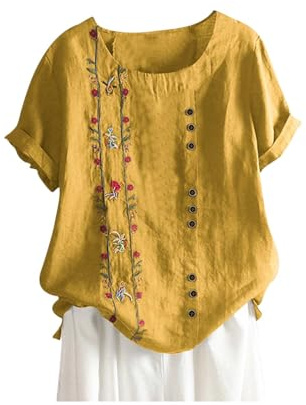Keepink Women's Plus Size Linen Shirt Elegant Embroidered Tops Floral Printed Pattern Short Sleeve Button Down Casual Blouse Summer Boho Peasant Gauze Tops Loose Round Neck Tshirts