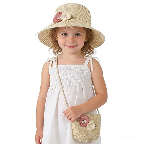 Qchomee Girls Straw Hat and Bag Set for 3-6 Years Old Toddler Sun Hat with Crossbody Bag Kids Summer Beach Hat for Holiday Travel Outdoor Garden School