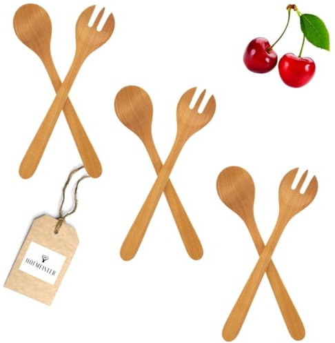 3x Salatbesteck aus Kirsch-Holz, 35 cm, Made in Europe, 2-teilig, Salatgarnitur, Salatlöffel & Salatgabel, kein Plastik im Salat, antibakteriell, Salatbesteck-Set, Servierhilfe