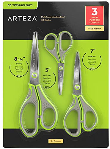 Arteza Set di 3 forbici resistenti, 12,7 cm, 17,8 cm e 21 cm, forbici in acciaio inox con lame 3D, forniture per la casa per progetti creativi, cucina e scuola