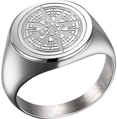Joliernelle Herren Kompass Ring Silber Siegelring Edelstahl Reisegeschenk Größe 59