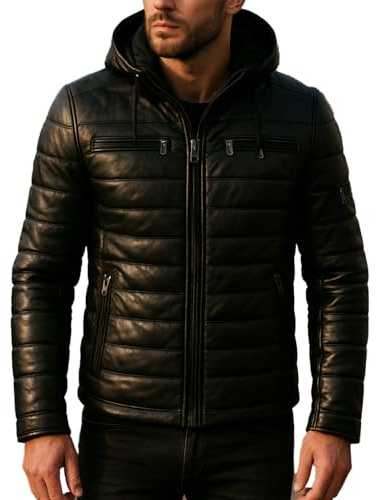 Giacca in vera pelle | Giacca da uomo in pelle con cappuccio 100% pelle di agnello completamente trapuntata | Giacca in vera pelle per uomo | Giacca da moto con cappuccio, Nero , L