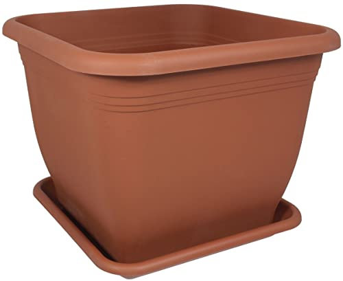 MePla - Blumentopf Pflanzkübel Quadrat 58x58 cm + Untersetzer 49x49 cm, Terrakotta, wetterfest aus UV-beständigem Kunststoff