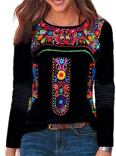 Melliflo Long Sleeve Mexican Black Shirts for Women Round Neck Embroidered Tops Traditional Fiesta Boho Style Peasant Blouses(O Black. Medium)