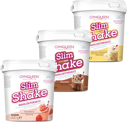 GymQueen Slim Shake 3x420g, Erdbeer, Schokolade, Banana Milkshake, Diät-Shake zum einfachen Abnehmen, Mahlzeitersatz mit wichtigen Vitaminen und Nährstoffen, nur 250 kcal pro Portion