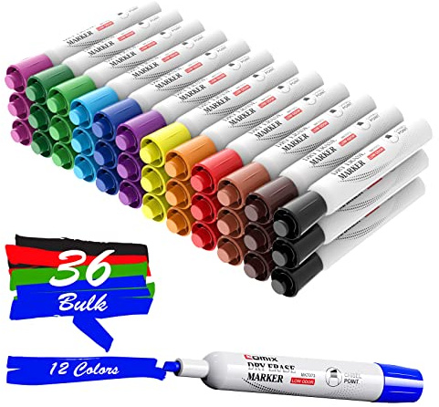 Comix Dry Erase Markers, Chisel Tip Whiteboard Markers, 36 Count 12 Assorted Colors Low Odor Markers for Classroom, Teachers, Office, School Supplies