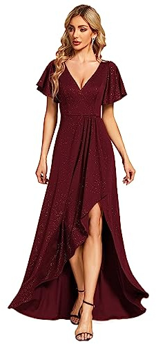 Ever-Pretty Robe de Soirée Femme Longue Col V Manches Courtes Fendue Asymétrique A Line Chic Bordeaux 36