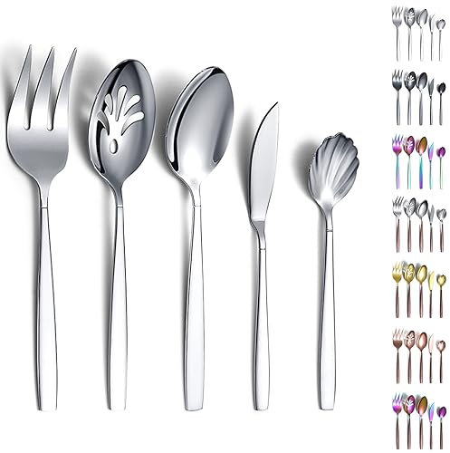 Evanda Set di Posate da 5 Pezzi, Set da Portata di Posate in Acciaio Inossidabile, Cucchiaio da Portata, Cucchiaio da Foratura, forchetta da Portata, Cucchiaio da Zucchero, spargiburro