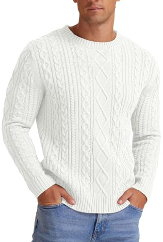 Hisir Men's Winter Cable Knit Jumpers Casual Crew Neck Thick Warm Long Sleeve Sweater Pullover Tops for Men UK (White, L)