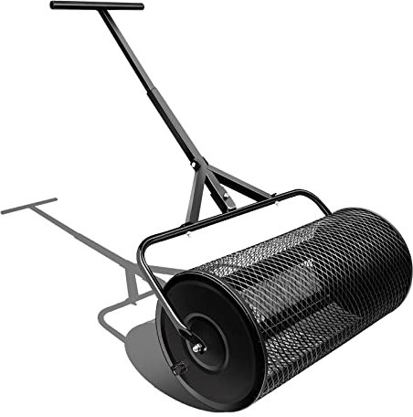 OSBELE Esparcidor de turba y Musgo de 24 Pulgadas, esparcidor de Semillas, esparcidor de abono con Mango Ajustable, para Cuidado del césped y jardín, Rodillo de aderezo de Cesta de Malla metálica,