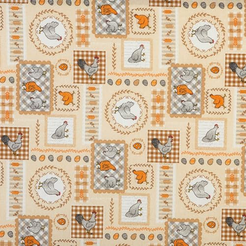 Kt KILOtela - Tela Loneta Estampada, Decoración, Tapizar, Cojines, Cortinas, Colchas, Bolsos, Manteles, Manualidades. Ancho 280 cm, Largo a Elección de 50 en 50 cm, Gallinas, Rojo, Amarillo, Naranja