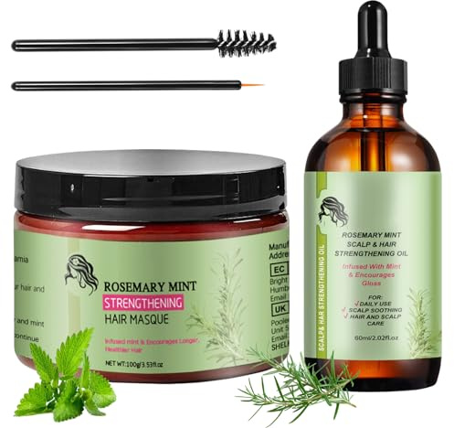 Rosmarinöl Haare, 2 Stk Rosemary Oil for Hair, 100g und 60ml Organics Stärkende Haarmaske, Natürliches Ätherisches Bio-Rosmarinöl für Trockenes Haar, Rosemary Mint Oil, Haarpflegeöl für Kopfhaut