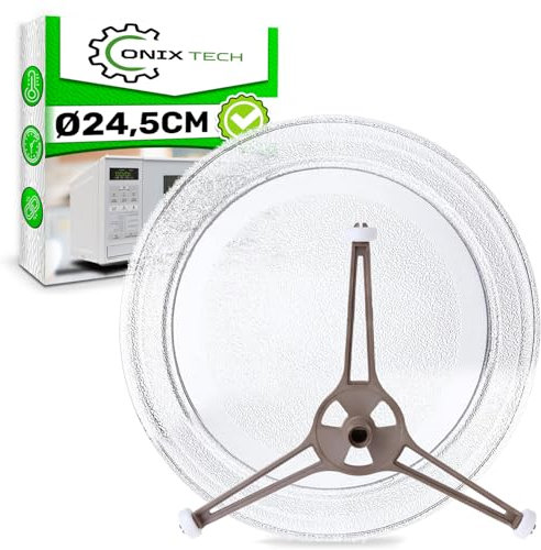 Mikrowellenteller Glas mit einem Durchmesser von Ø 24,5 cm Geeignet für LG und Andere Marken mit einer Mikrowelle Teller von 245 mm - Das Set Enthält einen Tellerhalter Mikrowelle - ONIX TECH