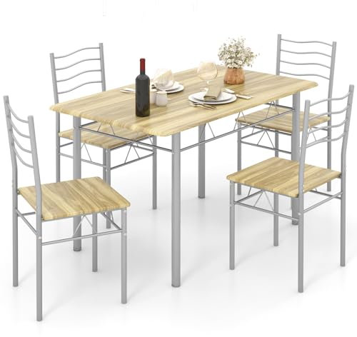 COSTWAY 5 Piece Dining Table Set, Kitchen Table and 4 Chair Set with High Backrest & Anti-slip Footpads, Metal Frame Rectangular Breakfast Table Chair Set for Home Restaurant (Dark Natural+Silver)