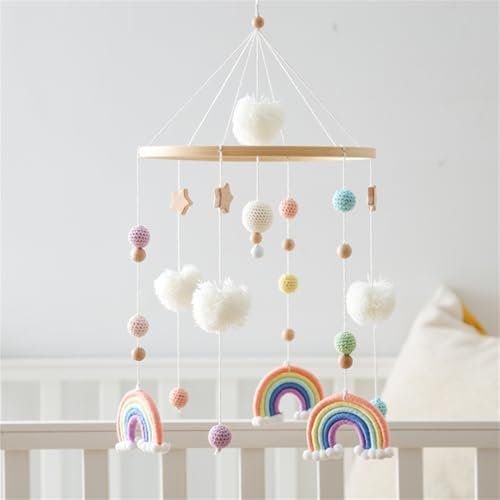 Herfair Mobiles Baby, Regenbogen Babybett Hölz Windspiele mit Bäll, Baby Mobile, Anhänger Babyzimmer Deko, Neugeborene Geschenk für Jungen Mädchen (Orange)