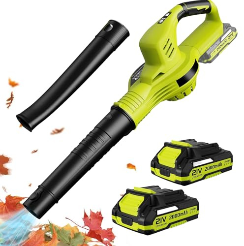 Soffiatore e trituratore di foglie elettrico 2 in 1, senza fili, con batteria da 21 V e caricabatterie, velocità 15.000 g/min, per la cura del prato e la rimozione della neve (2 batterie di tipo B)