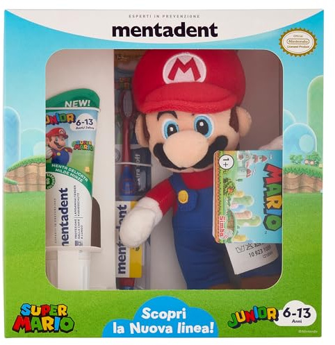 Mentadent, Super Mario Junior, Kit Plush, Spazzolino e Dentifricio Bambini 6-13 Anni, Personaggio a Sorpresa, Dentifricio Bambini Gusto Menta Delicata, Spazzolino Bambini, Ideale per Denti dei Ragazzi