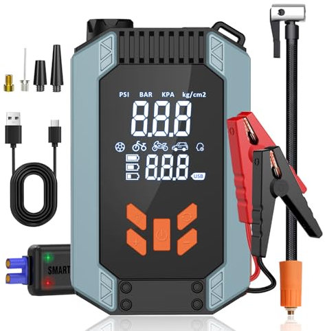 Journeyside Avviatore Batteria Auto 12V, 1200A Avviatore di Emergenza per Auto(Fino 5,0L Benzina e 3,0L Diesel) Portatile Booster Avviamento con Compressore da 150PSI, Cavo di Intelligente Avviamento