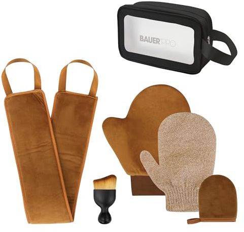 Bauer 6PC Self Tan Accessories Set/Reusable, Streak-Free for Face & Body | Exfoliating Glove / Velvet Tan Mitts / Back Applicator / Tanning Brush & Storage Bag
